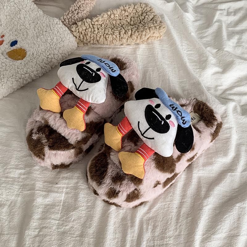 Soft cute puppy fluffy slippers for women to wear 2025 autumn and winter new soft bottom non-slip comfortable plush slippers for women