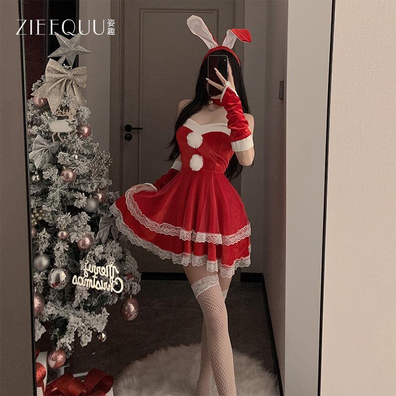 Autumn and winter sexy Christmas outfit cute plush bunny suspender sexy underwear slim uniform suit