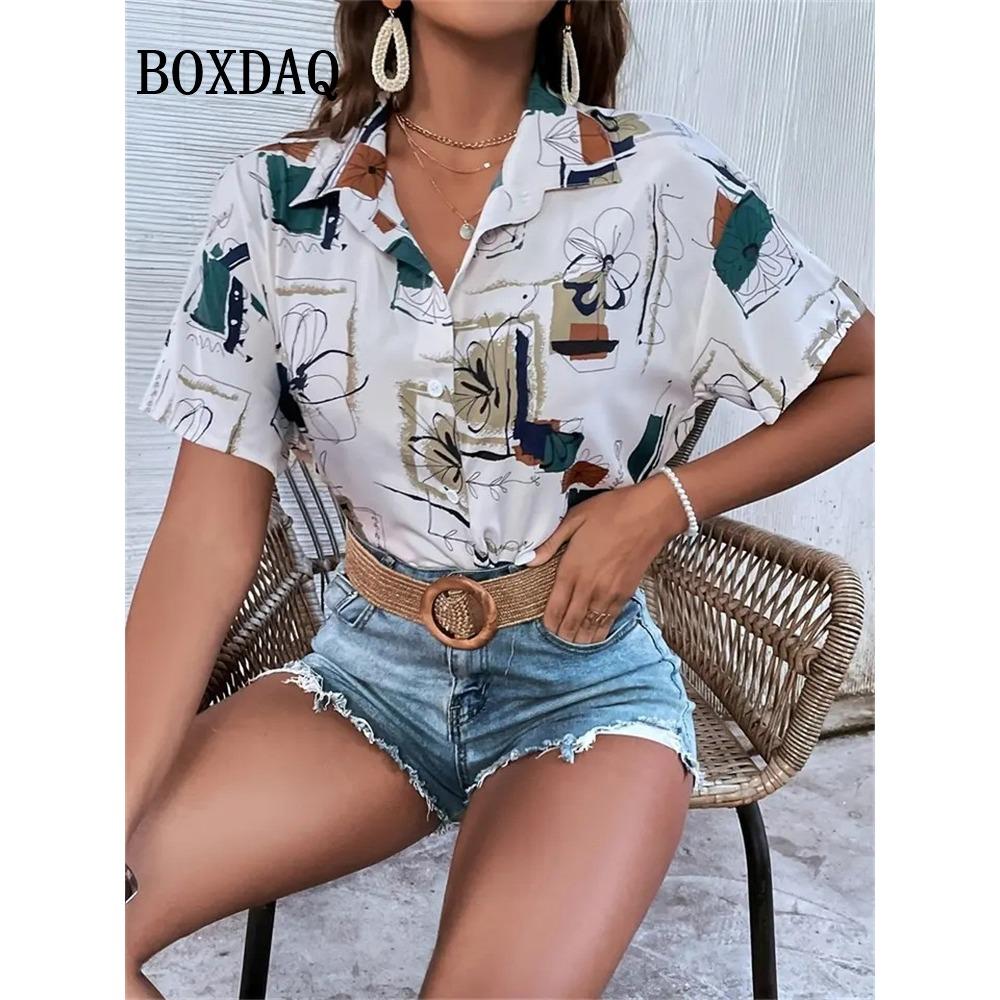 Women's Blouse Short Sleeve Printed Shirts Summer Beach Hawaiian Holidays Lapel Button Casual Fashion Cardigan Blouse Tops