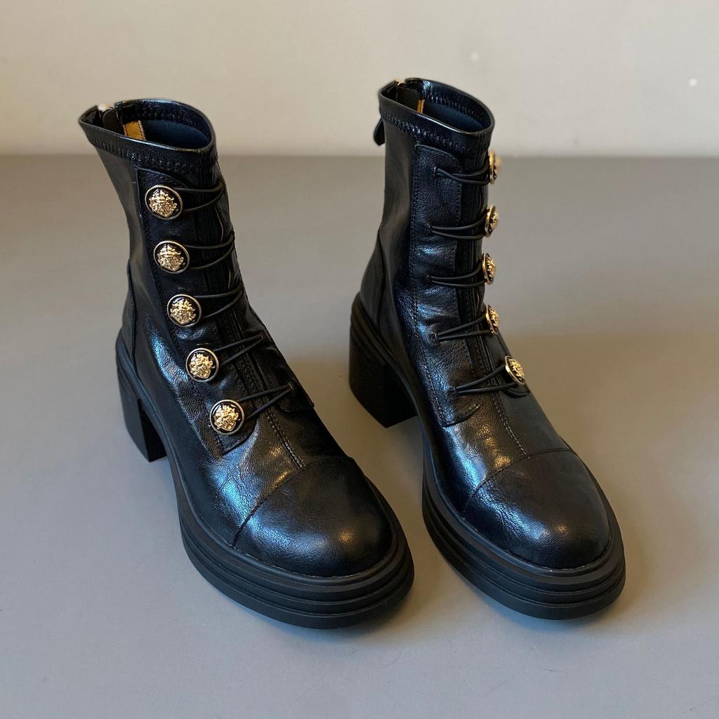 thick-soled Martin boots women's high-heeled badge metal buckle rear zipper elastic thin boots non-slip