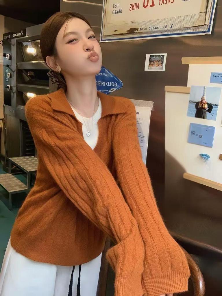 100% Pure Wool Color Block Lapel Korean Style Pullover Knitwear - Women's Autumn Winter Loose Cable Knit Sweater
