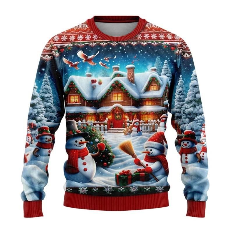 Unisex Christmas Sweatshirt With 3D Snowman Santa Print Hooded Long Sleeve Cotton Pullover Holiday Casual Wear