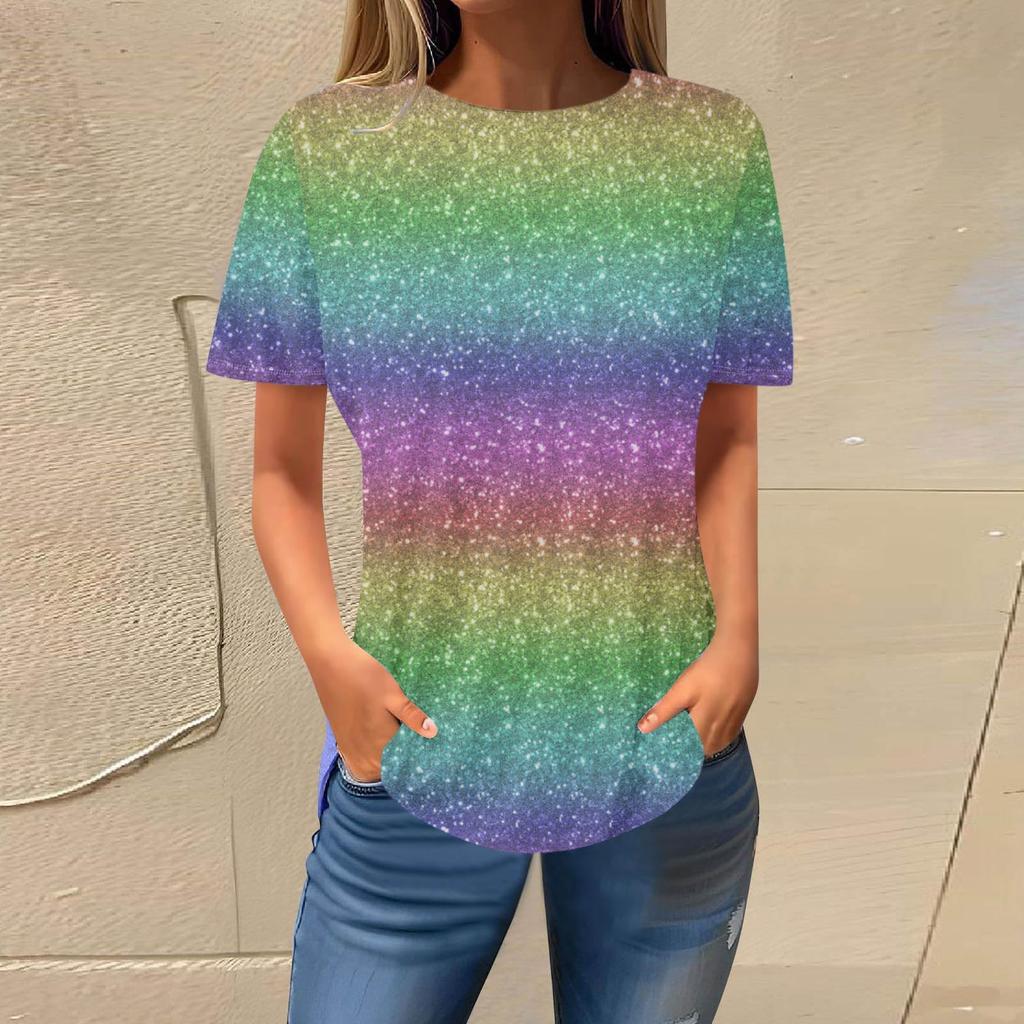 Summer Round Neck 3D Gradient Glitter Print Top Fashionable Casual Short Sleeved Women's T-shirts