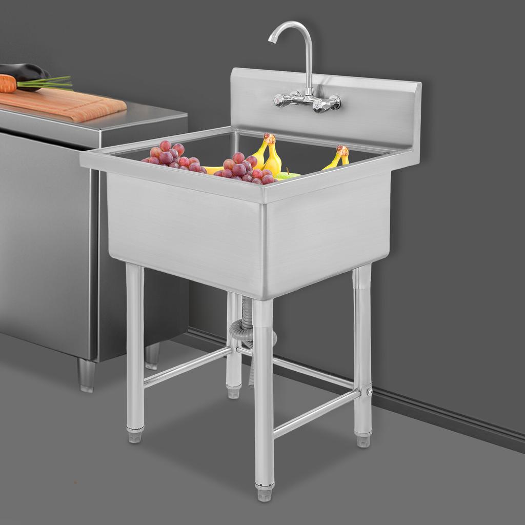 Single Basin Commercial Sink with Faucet, 304 Stainless Steel Freestanding Kitchen Sink, 27x24x40.5 In Bar Restaurant Prep Sink