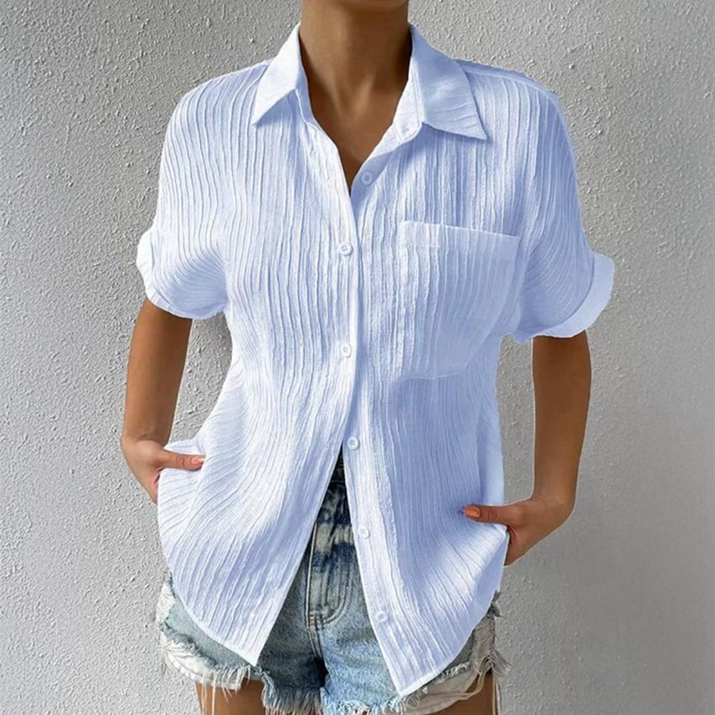 Women's Solid Color Lapel Short Sleeve Shirt Casual Button Cardigan Top