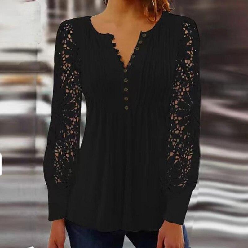 Fashion Hollow Out Γυναικεία δαντέλα μπλούζα με μακρυμάνικο μπλουζάκια V λαιμόκολλα συμπαγή πλισέ vintage μπλούζες Γυναικεία casual λεπτό λευκό πουκάμισο