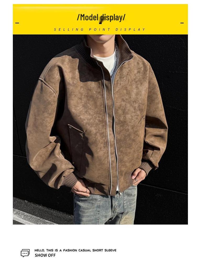 Men's Retro Versatile Stand Collar PU Leather Jacket - Casual and Wear-resistant for Spring and Autumn