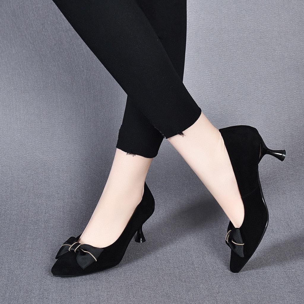 Pointed High Heels Spring New Bow Light Mouth One Pedal Sheepskin Fashion Shoes Black Single Shoes