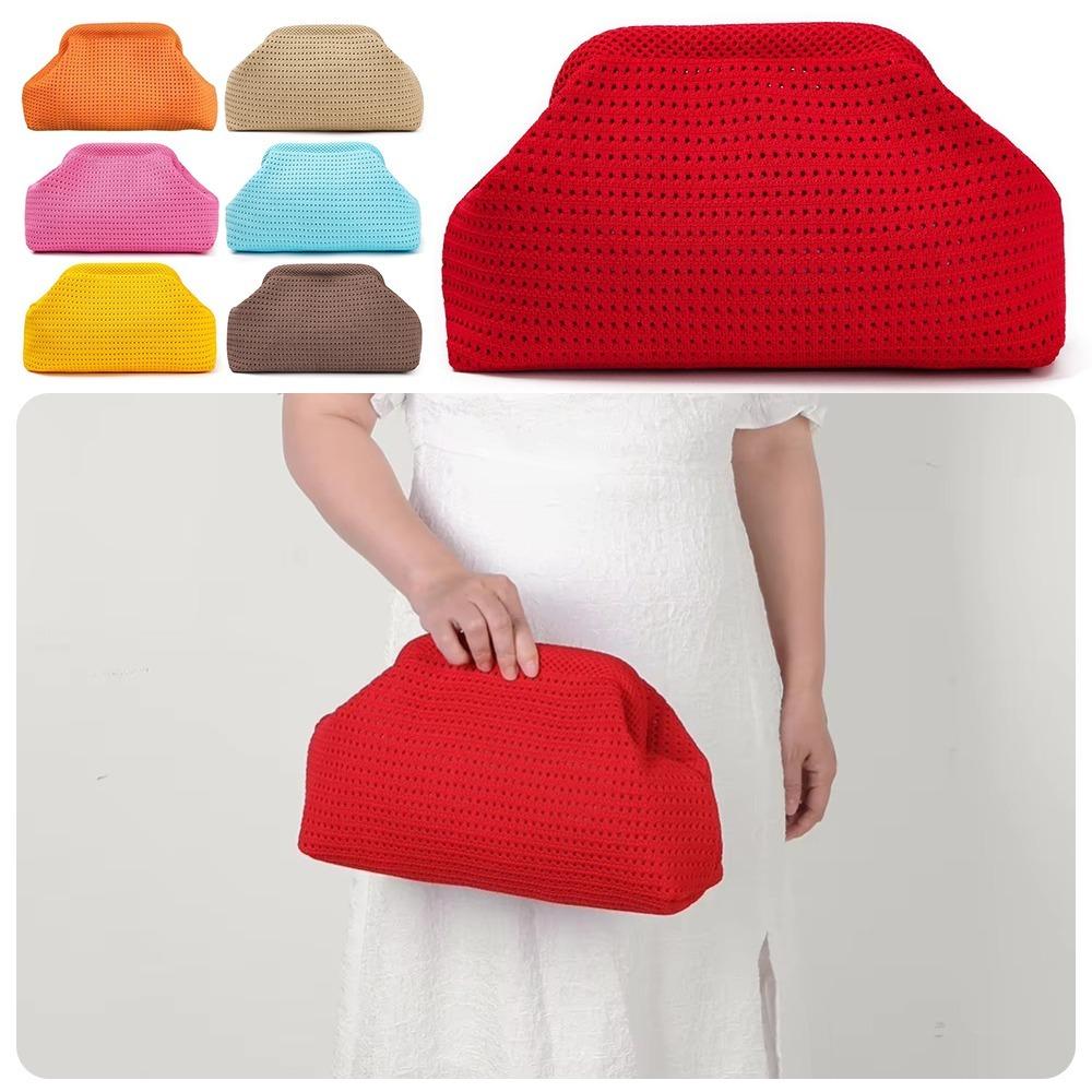 Trendige einfarbige Damen Strand-Clutch-Tasche Große Kapazität Weiche elastische Häkel-Handtasche Durchbrochene Bankett-Tasche Sommersaison
