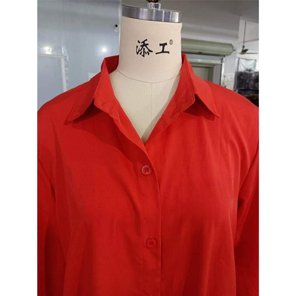 Women's Solid Color Long Sleeve Lapel Simple Loose Knee-length Shirt Dress