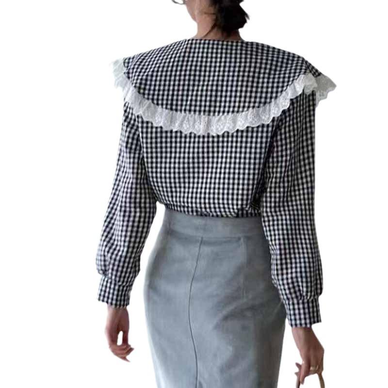 Krajkový Patchwork Kostkovaná Košile pro Dámské Jaro Volný Kontrastní Klopový Top