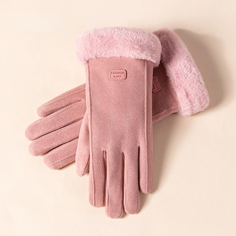 Winter Thickened Plush Gloves Womens Leather Glove All Finger Warmth Cold Proof Single Color Elegant Mittens Stylish Accessories