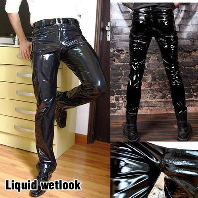 Black Wet Look Latex Men Pants Liquid Trousers for Men Motorcycle Leather Pants Rock Style Pants