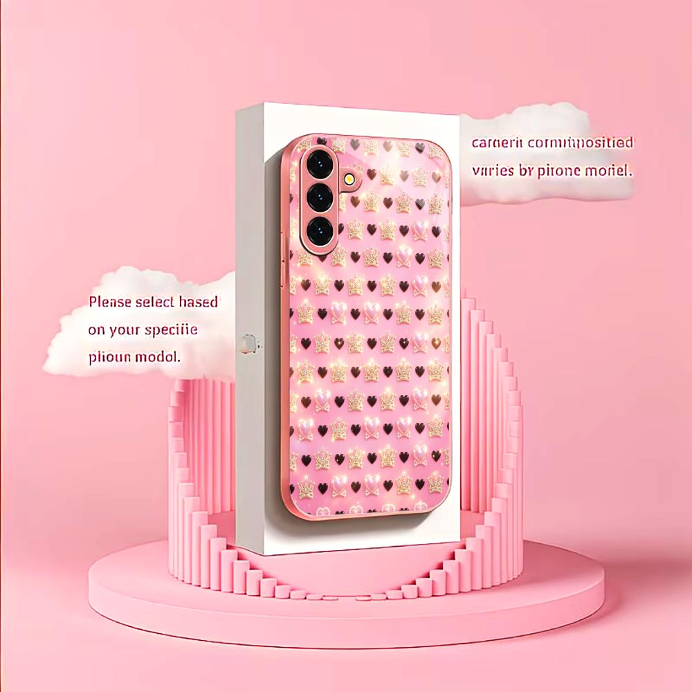 Cute Pink Black Heart Shape Phone Case Glass S26 Ultra Case S25 Ultra Case for Samsung Galaxy S26 S25 S24 S23 S22 FE Ultra Plus