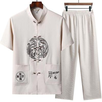 Linen (top + Pants) Middle-aged Ruffled Linen Chinese Tang Suit Men's Chinese Style Hanfu Grandpa Linen Lay Suit