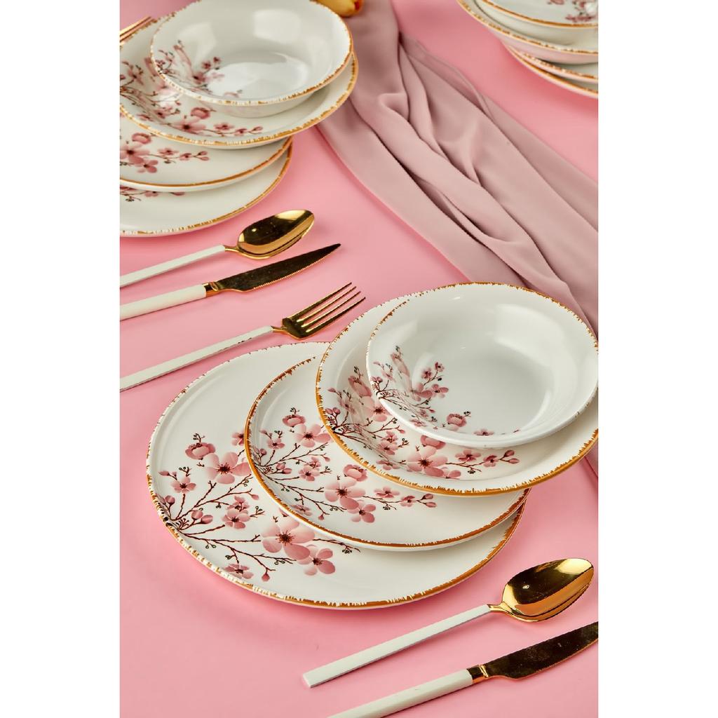 Sakura Flower Luxury Ceramic 18 Piece Dinner Set, Dinner Set For 6 Persons