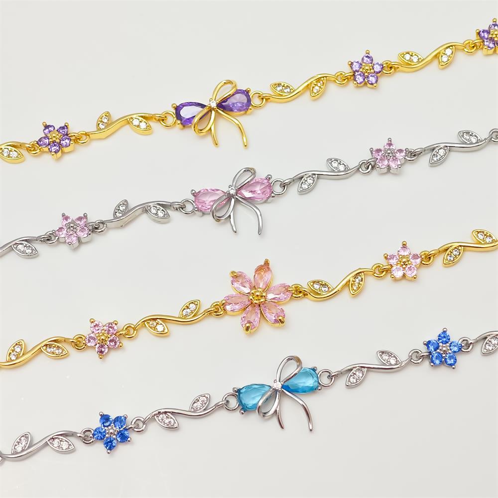Exquisite Zircon Bow & Flower Pendant Bracelet for Women