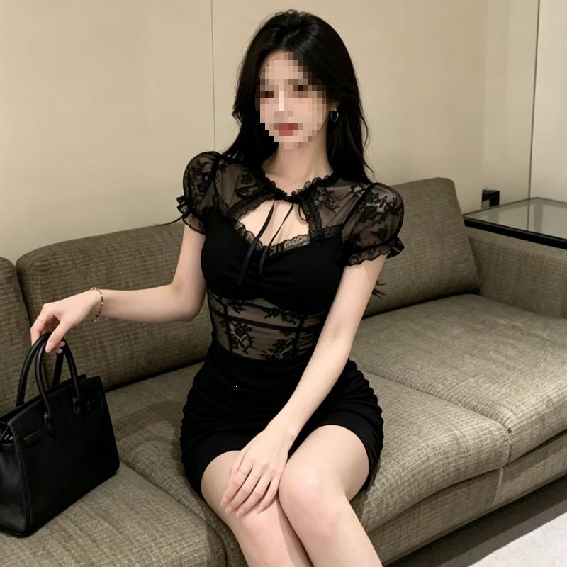 Sexy Style Black Lace Jacquard Pleated Splicing Dress Women's Small Summer Lace-up Hollow Hip-wrap Skirt