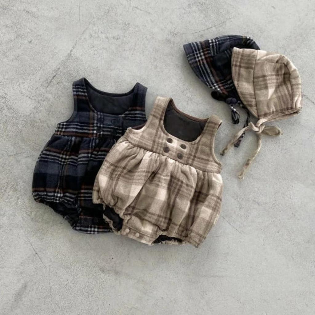 Stylish Plaid Wool Fleece-Lined Baby Girl Romper with Footie Straps