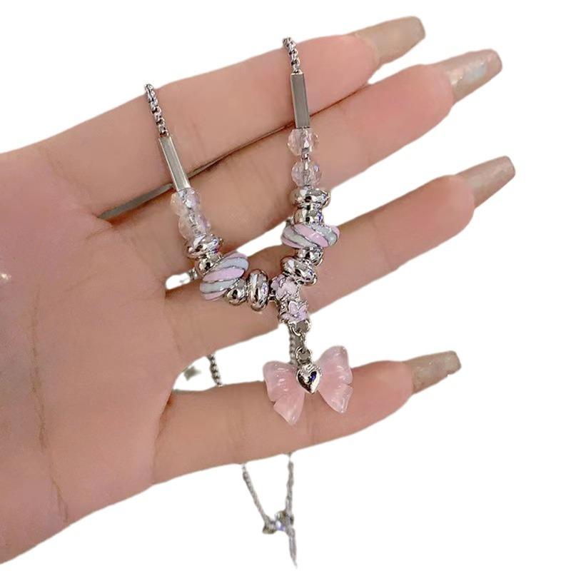 Pink Bow Beaded Necklace Women's Light Luxury Niche Design Advanced Sense Collarbone Chain Sweet Cool Temperament Versatile Neck Chain