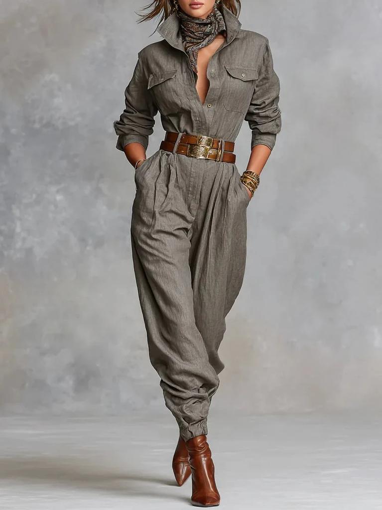 2026 Women's Independent Station Cotton and Linen Long Sleeve Pocket Button Decorative Shirt Jumpsuit