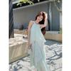 Summer Korean New Pure Green Vacation Dress, Thin Flower Lace Splicing Neck Dress, Long Dress
