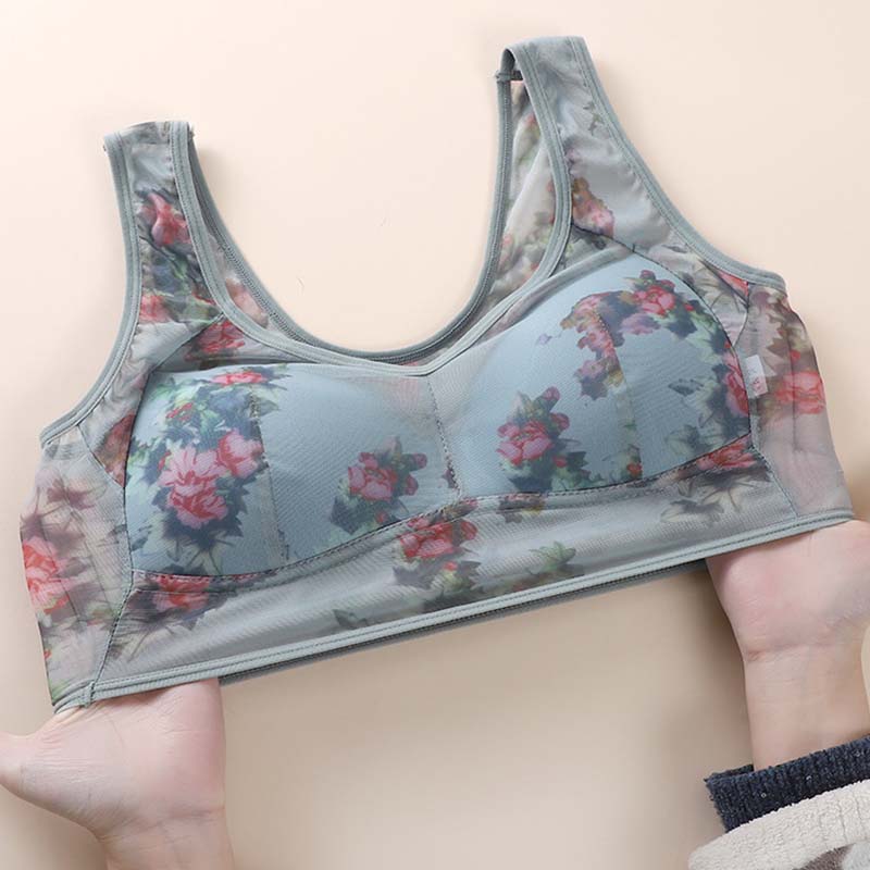 Middle-aged and Elderly Large Size Bra Gathered Comfortable Mesh Back One-piece Fixed Cup Without Steel Ring Underwear