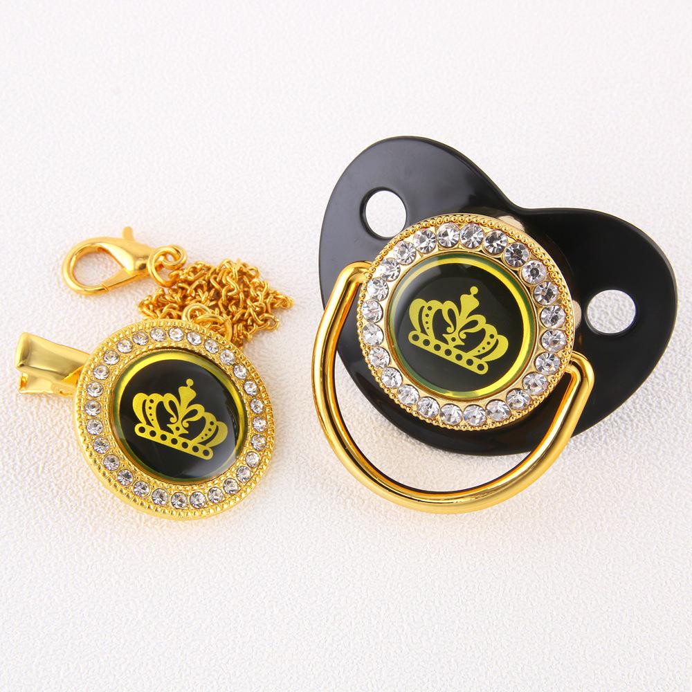 High-End Gold Diamond Baby Pacifier with Cartoon Crown and Chain Clip