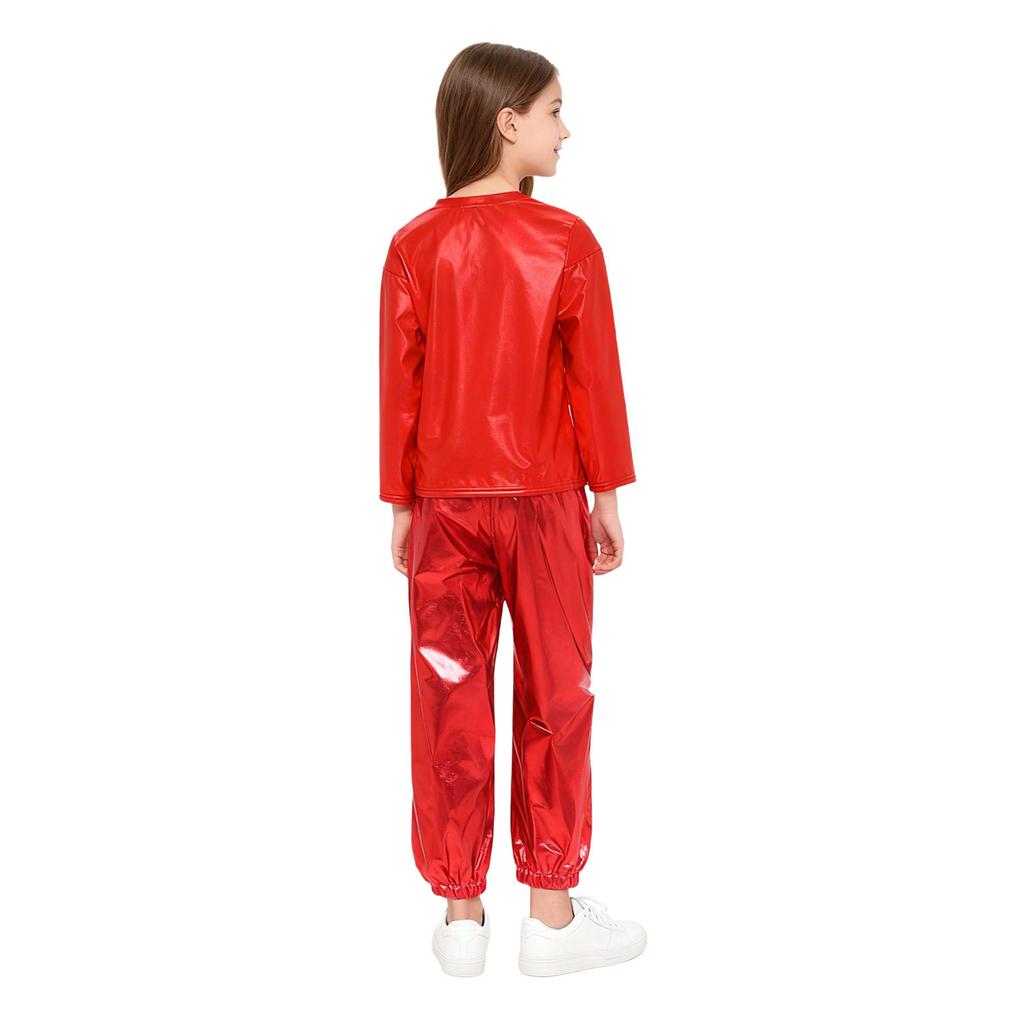 Kids Girls Dance Performance Outfit 2-Piece Set: Metallic Shiny Long Sleeve T-shirt & Matching Shiny Pants for Stage & Party