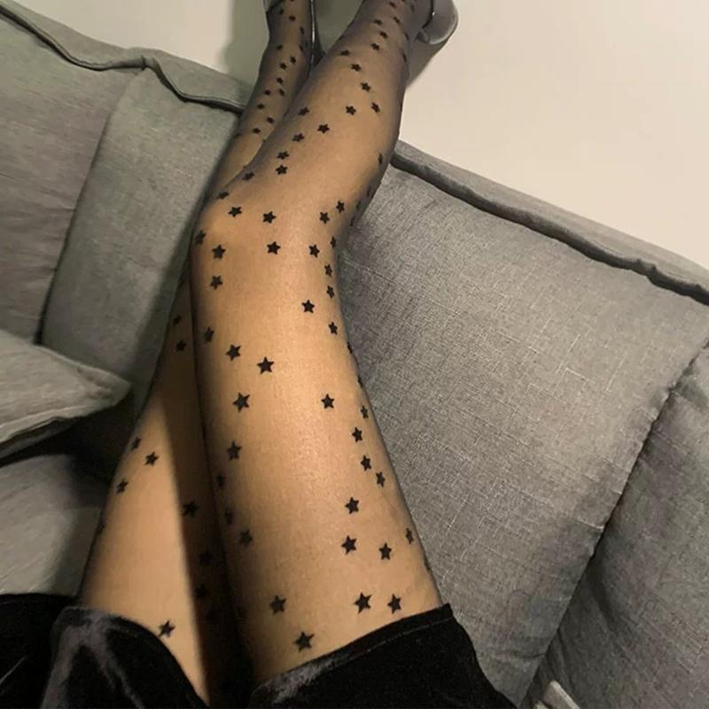 Women Sexy Tight Star Print Seamless-Pantyhose Stockings No-snagging Hose Sexy Lingerie-Patterned Tight Black White