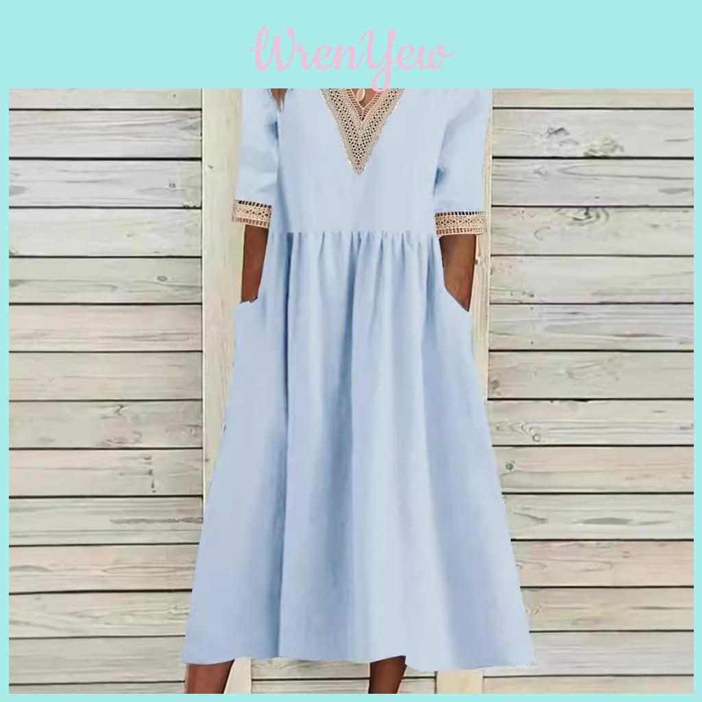 Cotton Linen Midi Dress With Ruffle Details For Office Women