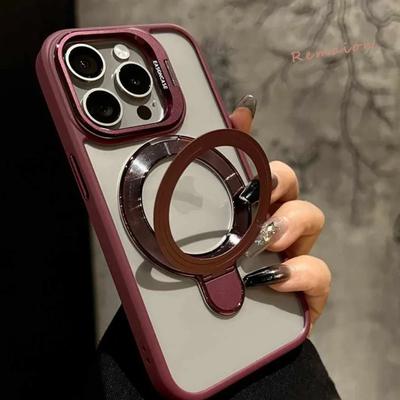 Plum Ring Magnetische Stand Telefon Fall für iPhone 15 11 13 14 12 16 pro Max 16 plus Magsafe Transparent Glas Objektiv Schutz Abdeckung