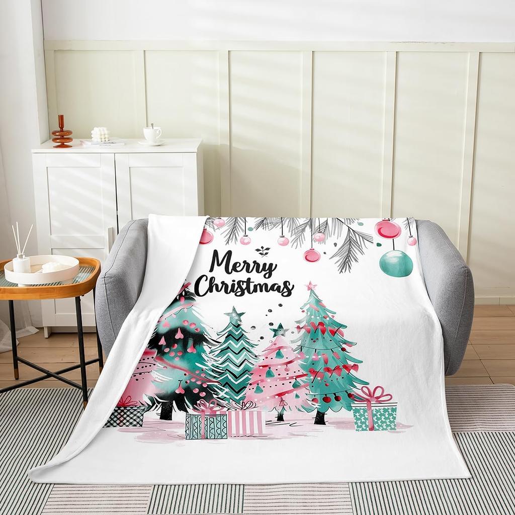 Gingerbread Xmas Flannel Blanket Blue Christmas Tree Candy Throw Blanket Western New Year Theme Cozy Throws for Bed Couch Sofa