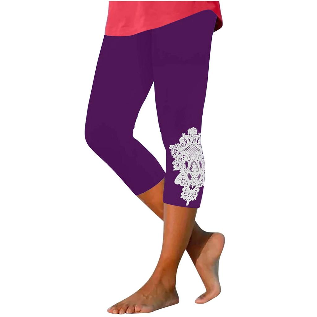 Damen Capri-Leggings mit Spitzenbesatz Verkürzt Dehnbar Schlank geschnitten Weicher atmungsaktiver Stoff für den täglichen Gebrauch
