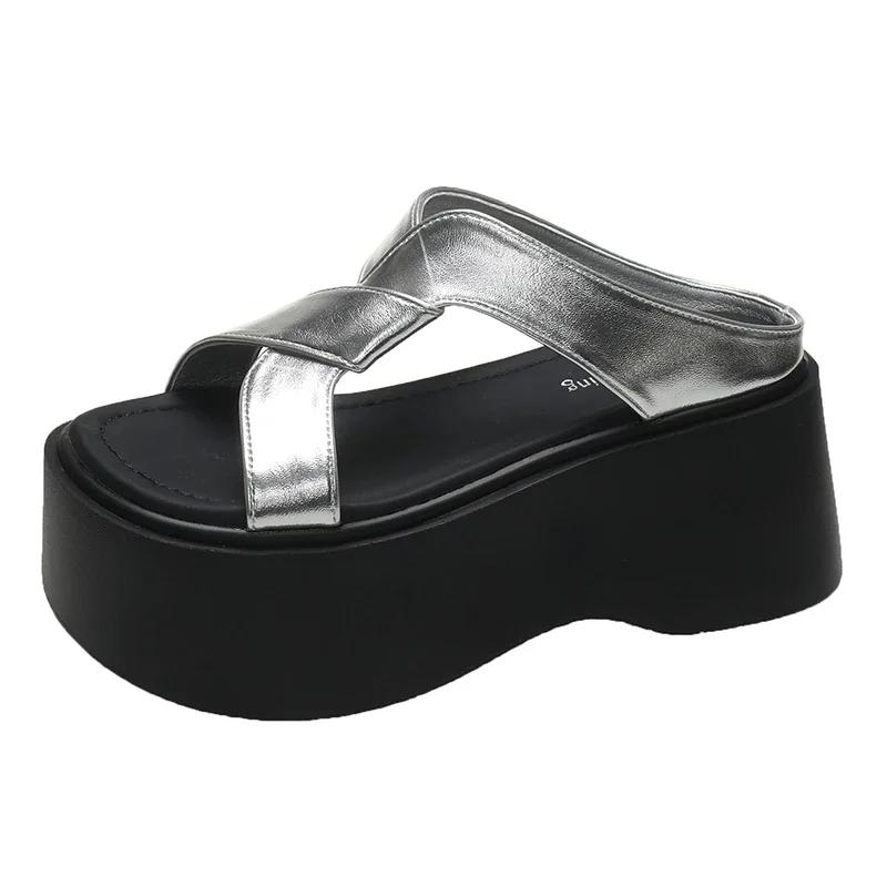 Fashion Summer Women Slippers Beach Flip-Flops Ladies Chunky Leather Shoes Wedge Heels Outside Sandals Woman High Platform Slippers 8CM