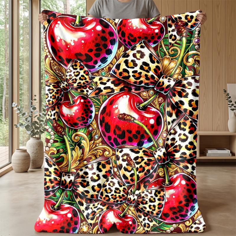 Cherries and Leopard Butterflies Blanket Personalized Name Flannel Blanket Soft Cozy Plush Throw for Sofa Bed Lightweight Home Decor