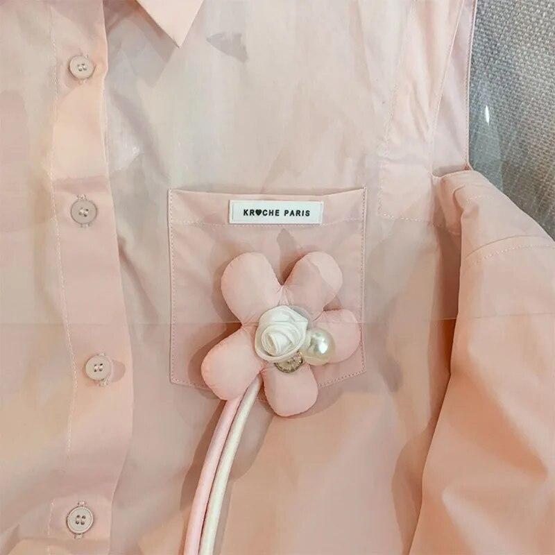 Camisa Rosa con Cuello Vuelto Protector Solar para Mujer Otoño Nuevo Suelta Diseño de Flor 3D Blusa de Dama Casual Hombro Descubierto Blusas Top