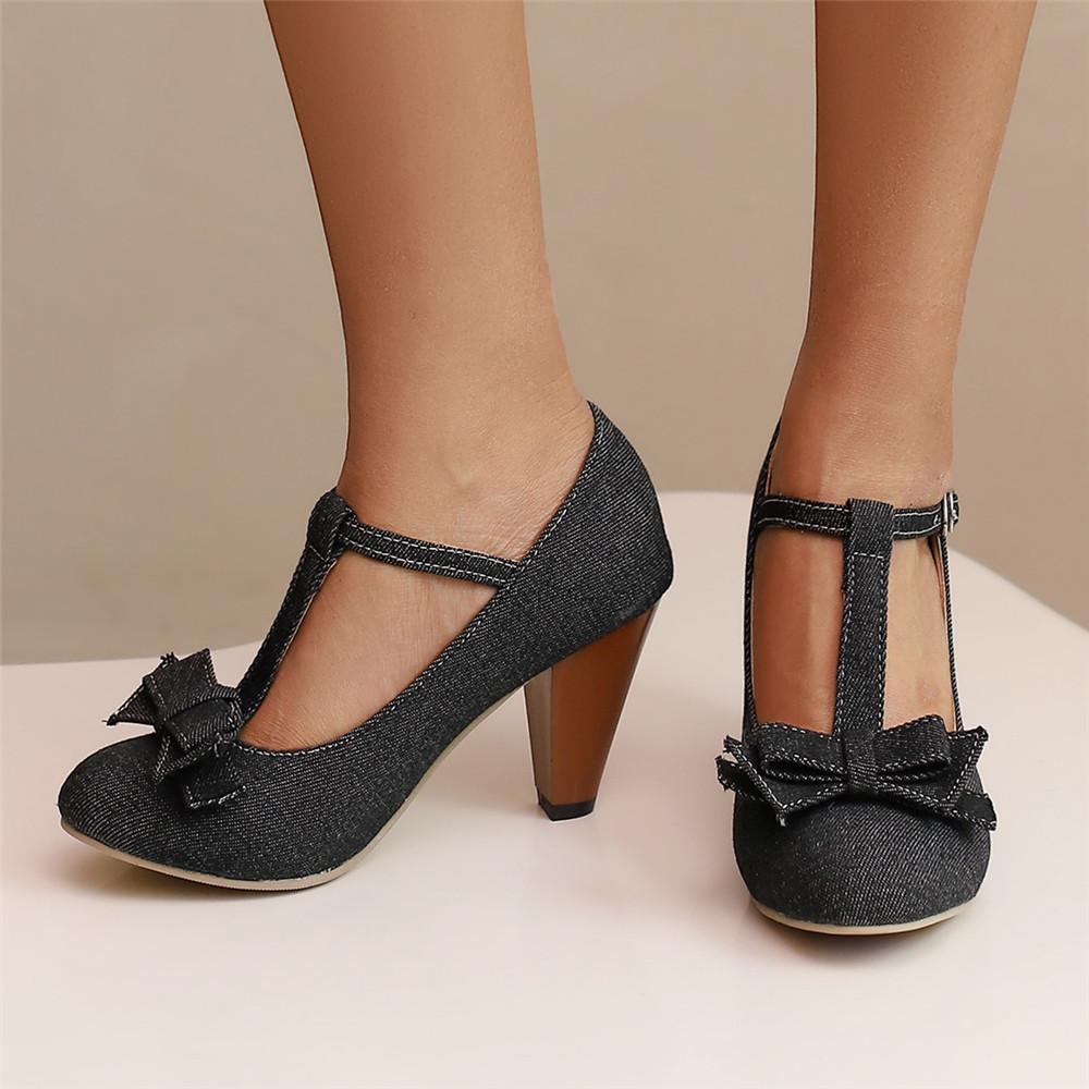 Fashion 2025 Spring Summer Girls High Heel Shoes Denim Pumps T-Buckle Fashion Women's Spike Heels High Heels for Office Party Banquet