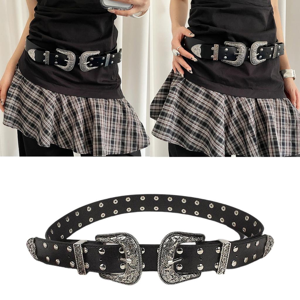 Vintage Punk Double Buckle Belt For Women Rivet Studded PU Leather Gothic Y2K Retro Style
