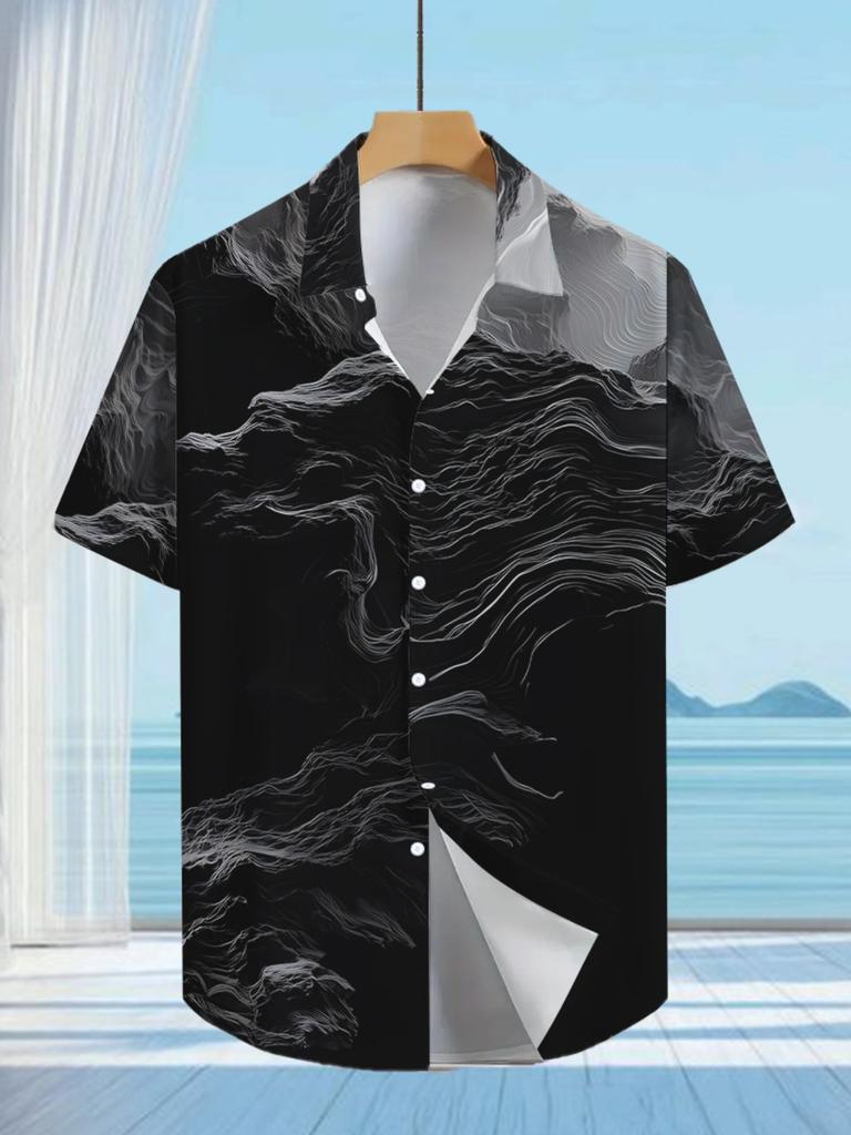 Vintage Ink Wash Anime Print, Stylish Tropical Hawaiian Short-Sleeve Shirt, Casual Button-Up for Men, Lightweight for Summer Adventures