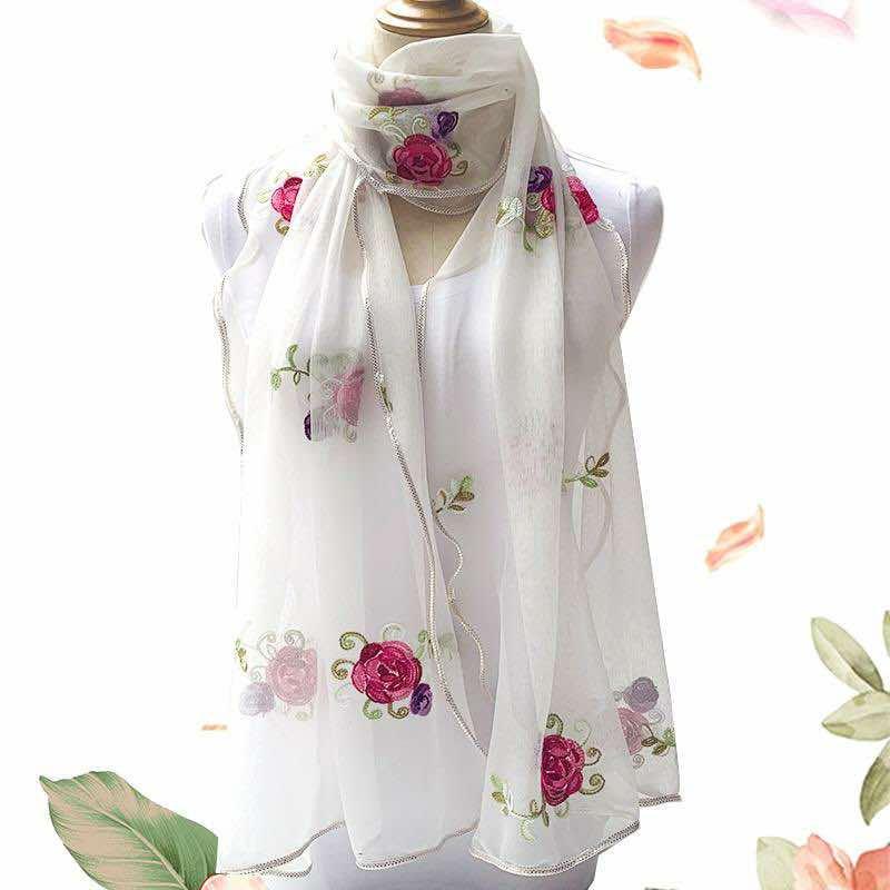 Gold Rose Embroidered Silk & Gauze Shawl for All Seasons - Women's Lace-Trimmed, Double-Layer Versatile Scarf