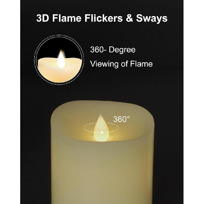 LOGUIDE Flickering Flameless Candles with Remote Timer, Realistic 3D Moving Flame with Real Wax Pillar LED Candles,Lasting 500+Hours Battery Operated