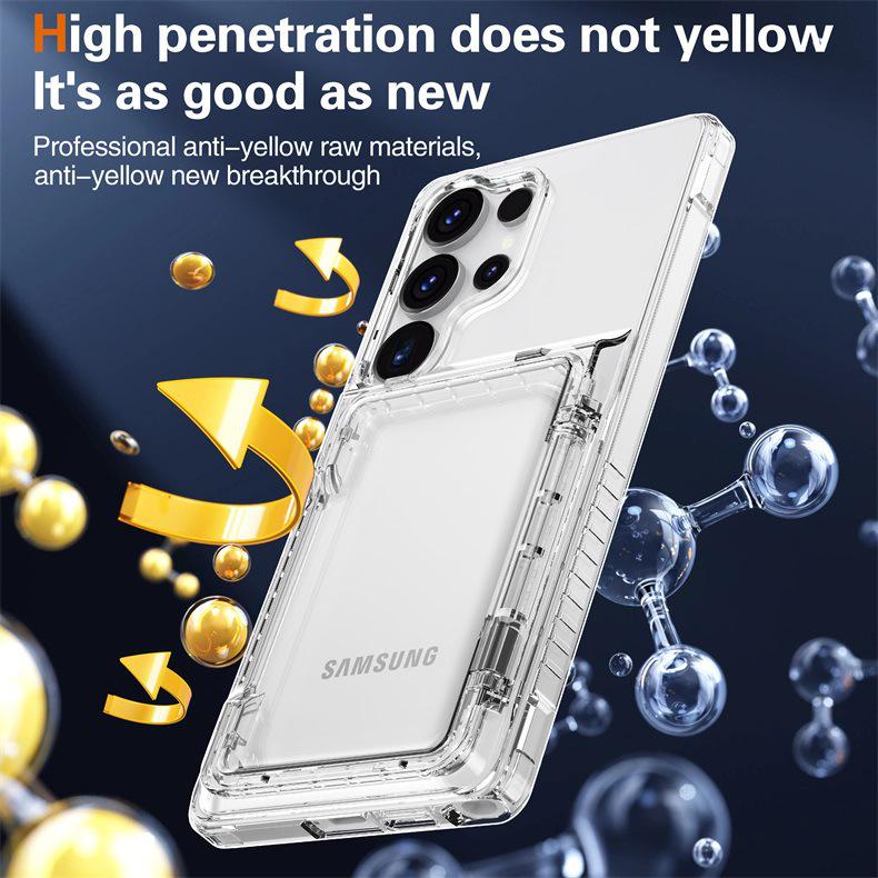 Samsung Galaxy S25 Ultra Transparent Flip Phone Case with Card Holder and Drop-proof Protection.