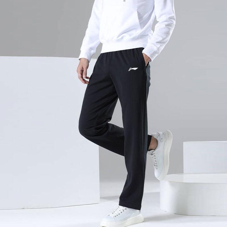 Li Ning Badminton Series Solid Color Logo Straight Leg Casual Pants Knitted Sports Pants Men bottoms Black AKLT647-1