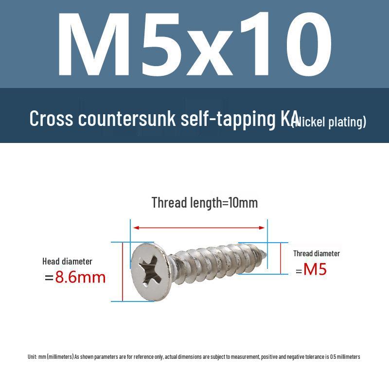 YiguYigu Nickel-Plated Phillips Flat Head Self-Tapping Screws M1-M5, Carbon Steel