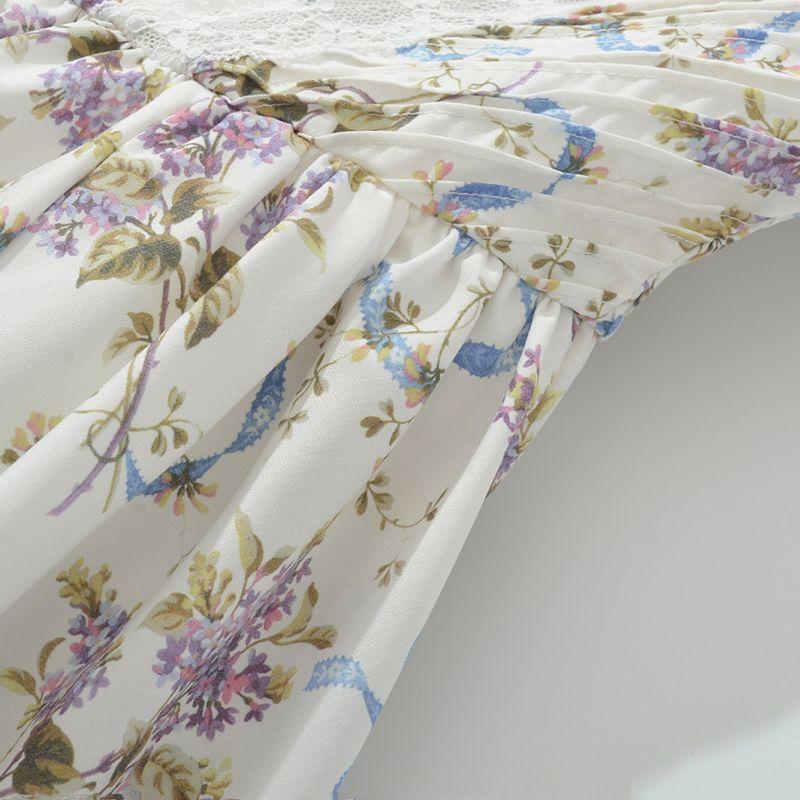 Kaslead New Women Clothes Western Style Fashion Simple and Fresh Print Waist Hugging Lace Mesh Dress