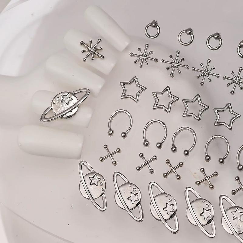 WTEMPO Nail Art Decorations Kit Punk Style Silver Star Planet Cross Designs Nail Art Decor Accessories DIY Craft Making Supplies