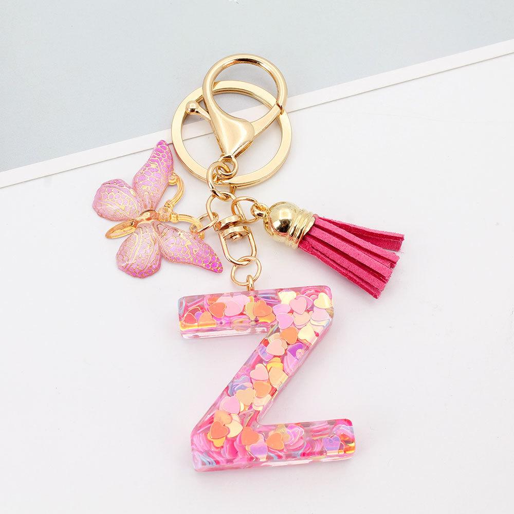Fashion A-Z Letters Acrylic Keychain for Women Pink Butterfly Tassel Alphabet Car Key Ring Bag Charms Accessories Gift Jewelry