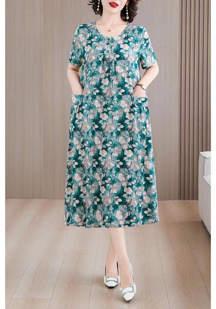 Plus Size Fresh Floral Print Summer Midi Dress - Loose, Pleated Design 2026