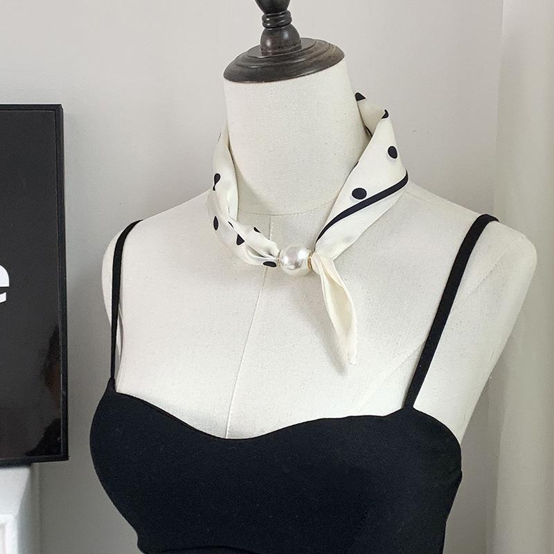 Magnetic Buckle Silk Scarf Women's New Pearl Necklace Light Luxury High-end Fashion All-match Scarf Polka Dot Silk Scarf